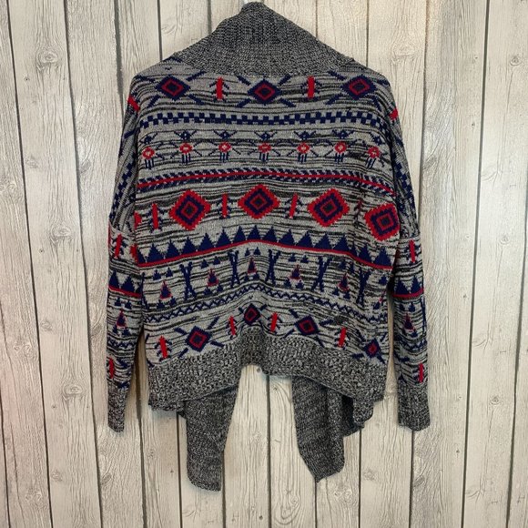 Roxy Grey/Red/Blue Aztec Print Oversized Knit Open Draped Cardigan Sweater Small - Picture 6 of 11